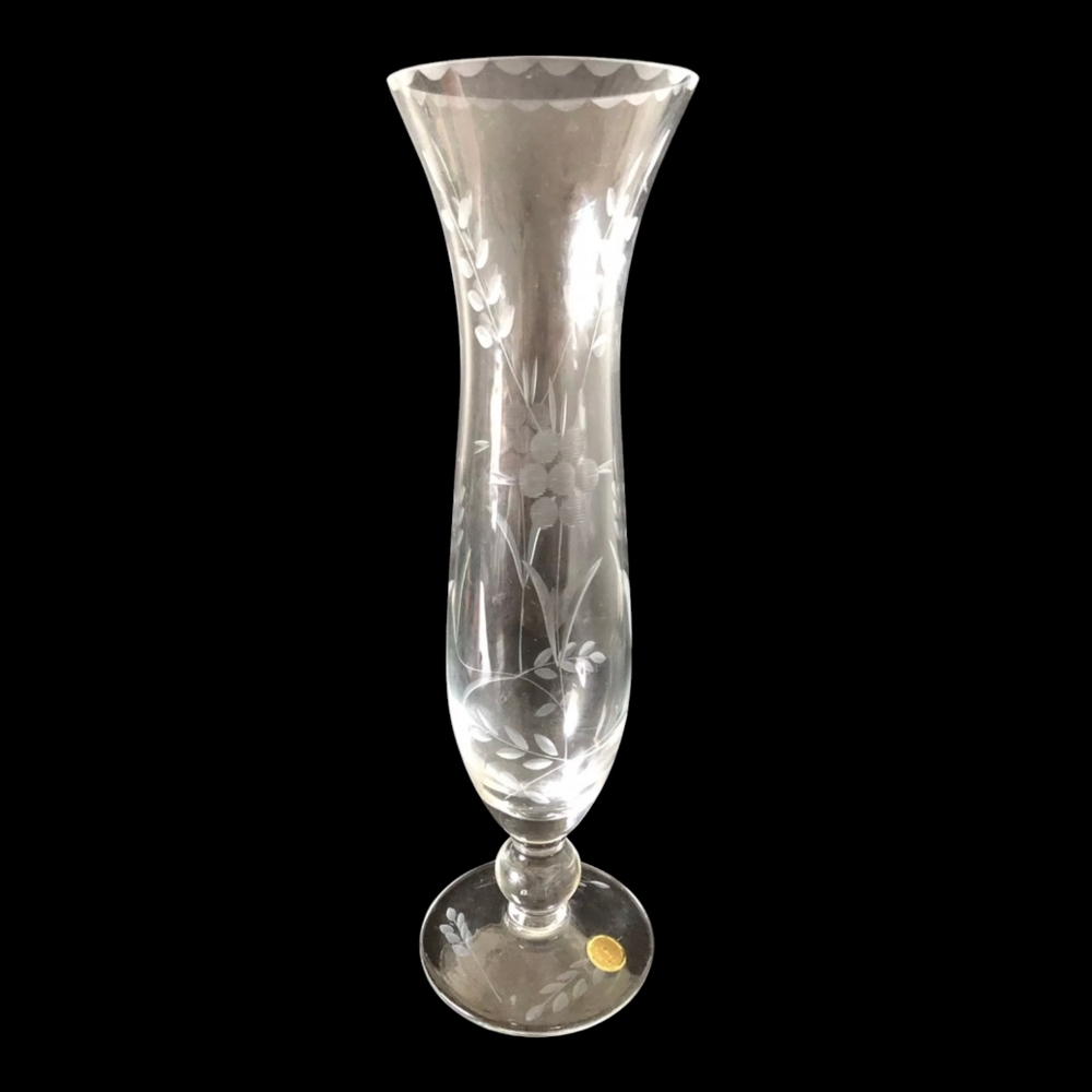 Vintage Romania Made Etched Bud Vase Floral Design Leaves On Foot W Sticker 8"